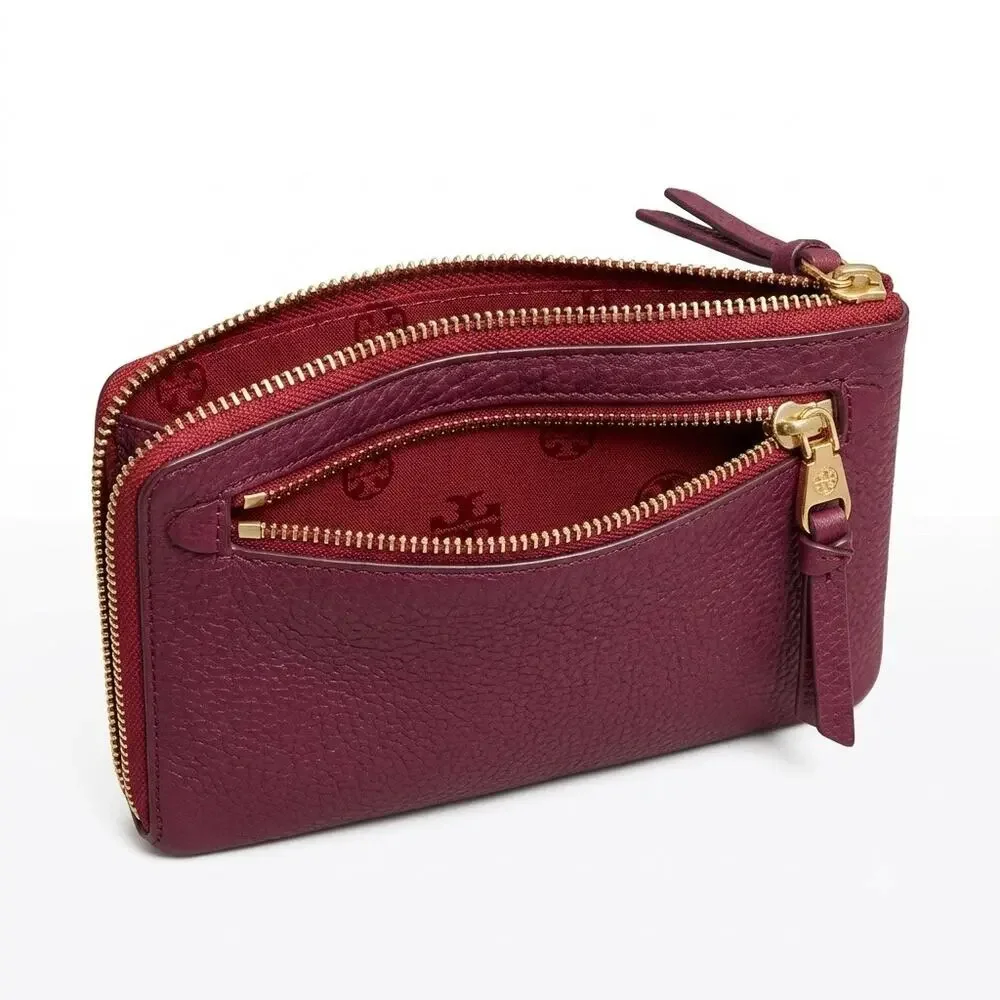 Tory Burch burgundy pebbled, leather large wristlet wallet zip clutch 6 x 8 GHW
